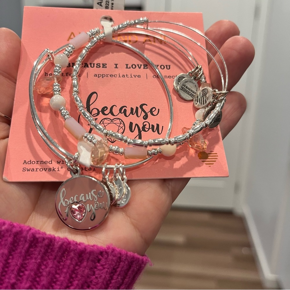 ALEX AND ANI Because I Love You Braclet Set Silver & Pink Swarovski Crystals - Picture 1 of 3
